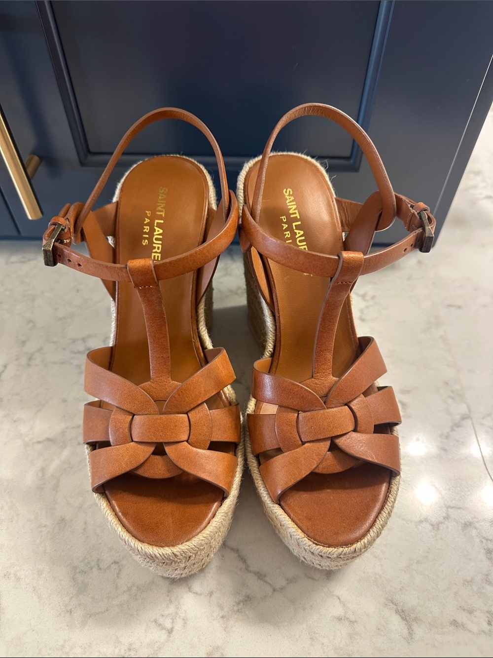 BRAND NEW! Saint Laurent Tan Leather Woven Espadrille Wedge Sandals